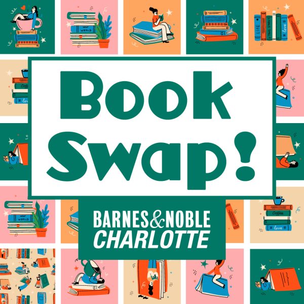Book swap! Barnes & Noble Charlotte. Cute graphic with pinks, greens, and yellows.