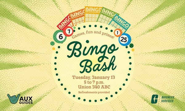 Bright yellow and green background underlays Bingo Bash, Tuesday, January 13, 5 to 7 p.m., Union 340 ABC