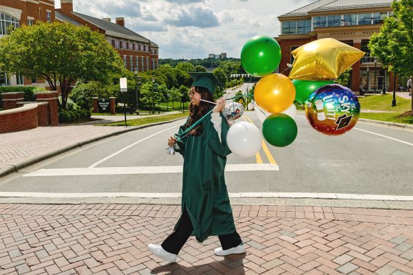 young woman wearing a Charlotte graduation cap and gown crosses Craver Road while carrying a bunch of green, gold and white balloons