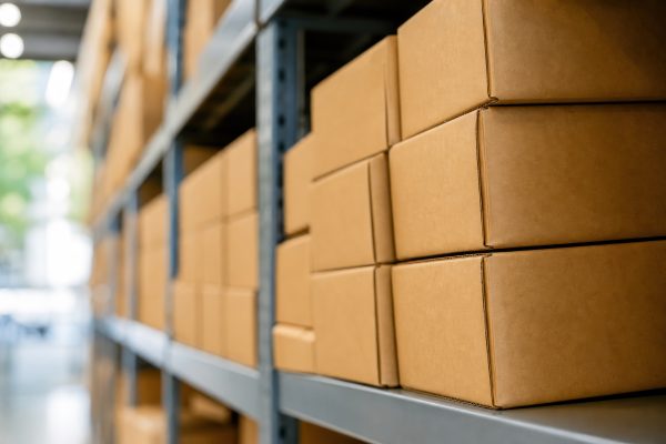 Cardboard boxes on metal shelves.